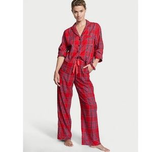 NWT Womens Victoria's Secret Pajamas Set + Scrunchie XXL Red Plaid Flannel PJ's